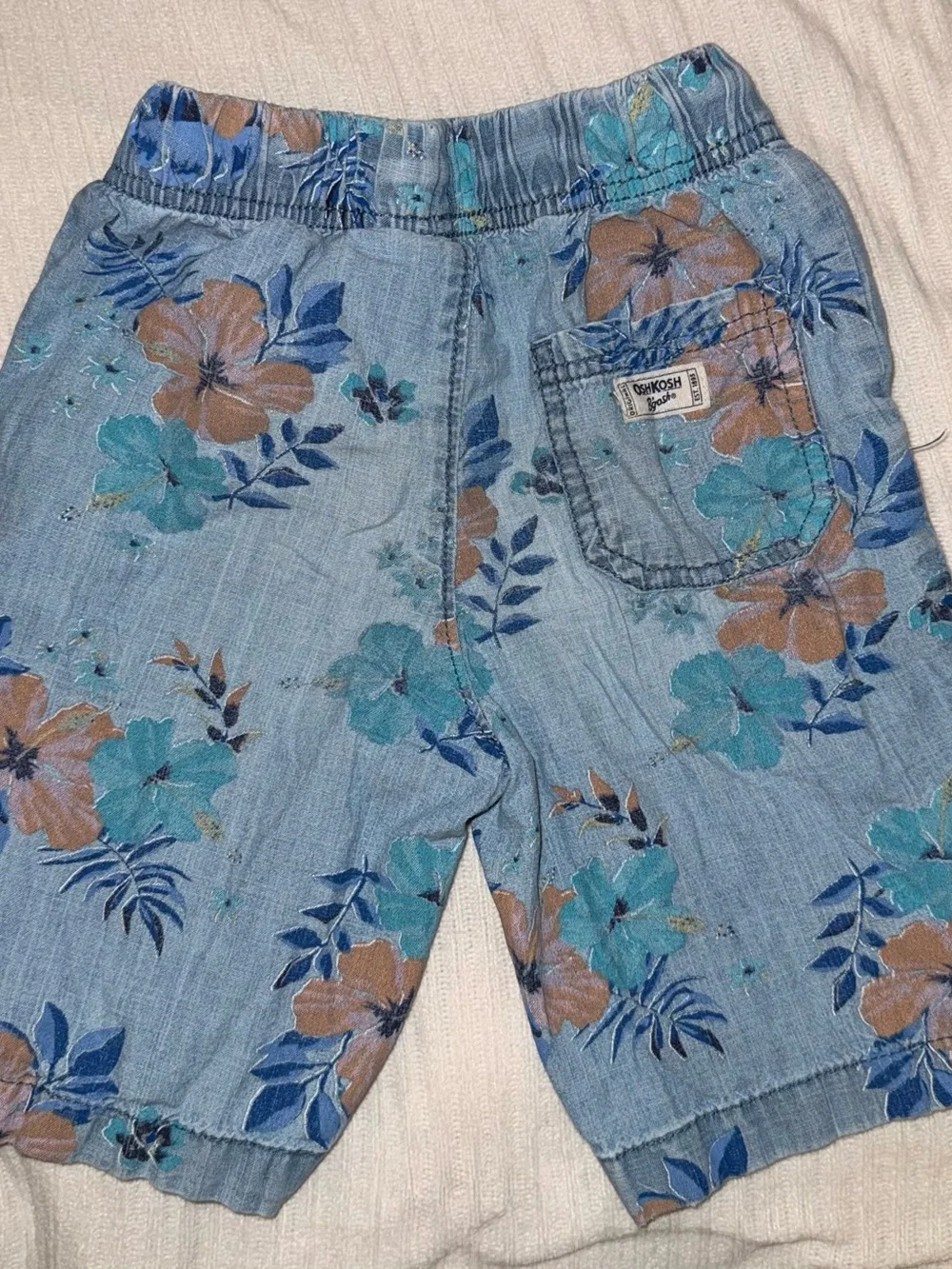 OshKosh B'gosh Chambray Floral Drawstring Shorts - Blue & Tan Flowers